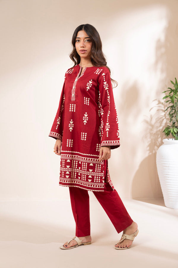 Stitched - 2 Pc Printed Cotton Silk Outfit