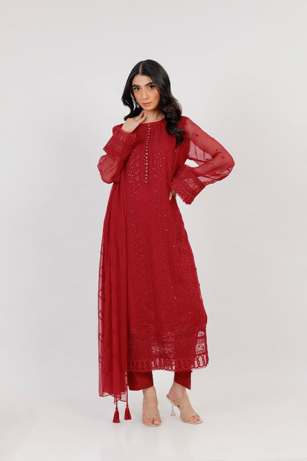 Four Piece Embroidered Dyed Bamberg Chiffon Suit With  Dyed Bamberg Chiffon Dupatta