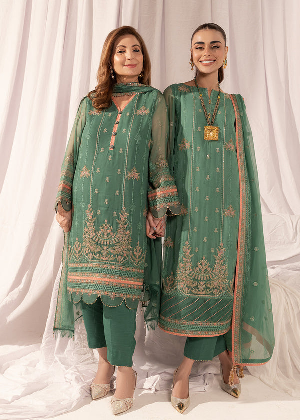 Four Piece Embroidered Dyed Bamberg Chiffon Suit With  Dyed Bamberg Chiffon Dupatta