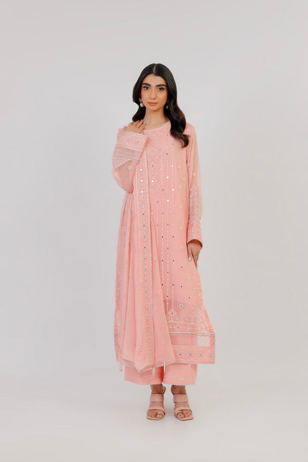 Four Piece Embroidered Dyed Bamberg Chiffon Suit With  Dyed Bamberg Chiffon Dupatta