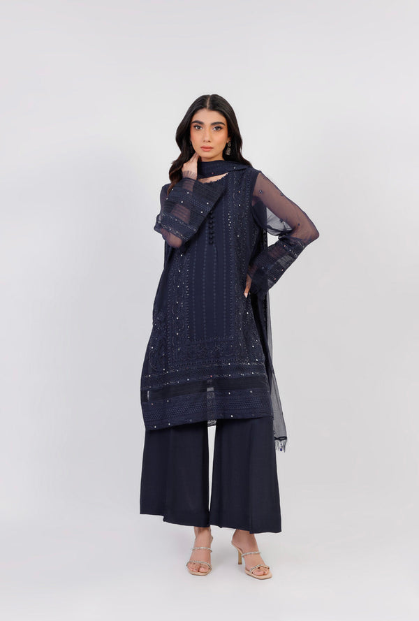 Four Piece Embroidered Dyed Bamberg Chiffon Suit With  Dyed Bamberg Chiffon Dupatta