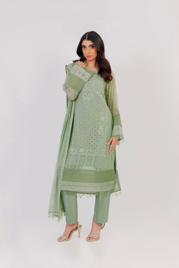 Four Piece Embroidered Dyed Bamberg Chiffon Suit With  Dyed Bamberg Chiffon Dupatta