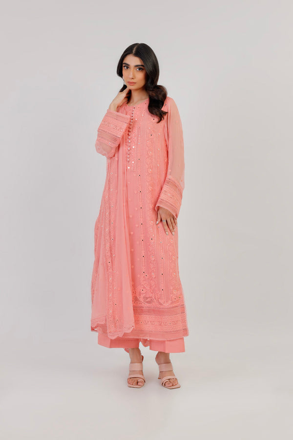 Four Piece Embroidered Dyed Bamberg Chiffon Suit With  Dyed Bamberg Chiffon Dupatta