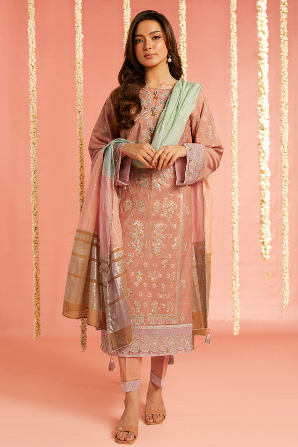 3 Pc Embroidered Cotton Lurex Jacquard Suit With Yarn Dyed Dupatta