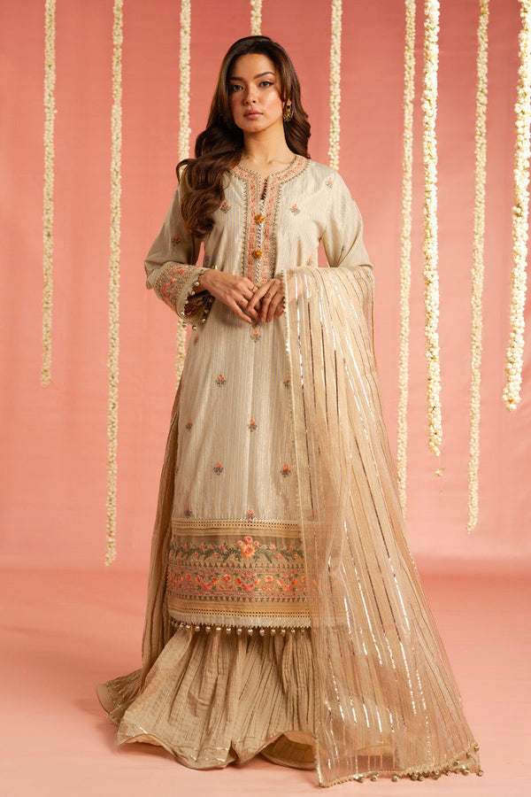 3 Pc Embroidered Cotton Lurex Jacquard Suit With Yarn Dyed Dupatta