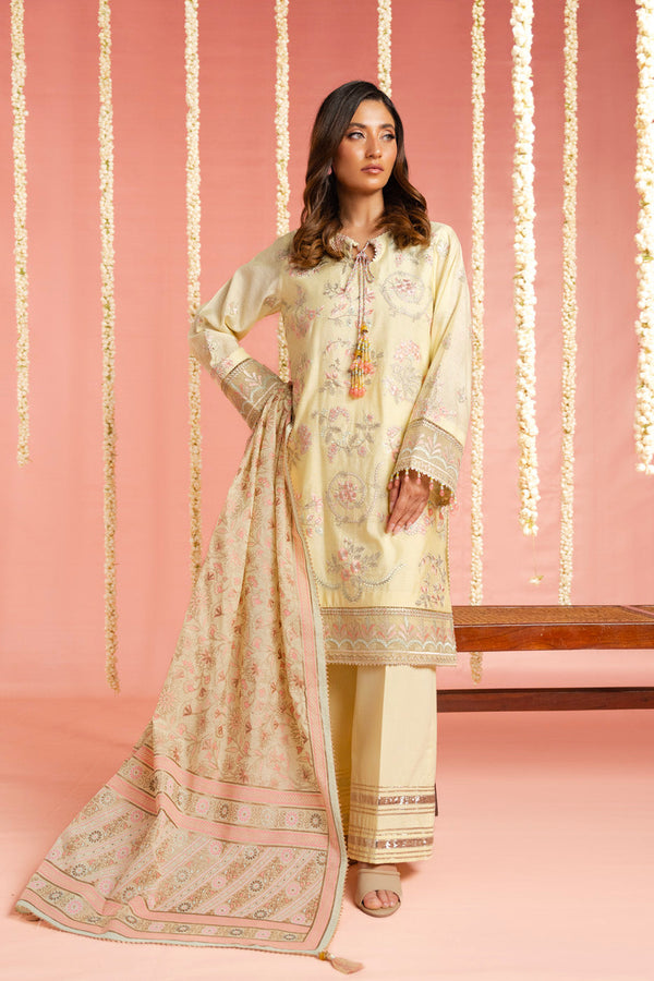 3 Pc Embroidered Paper Cotton Schiffili Suit With Emboss & Dust Printed Cotton Silk Dupatta