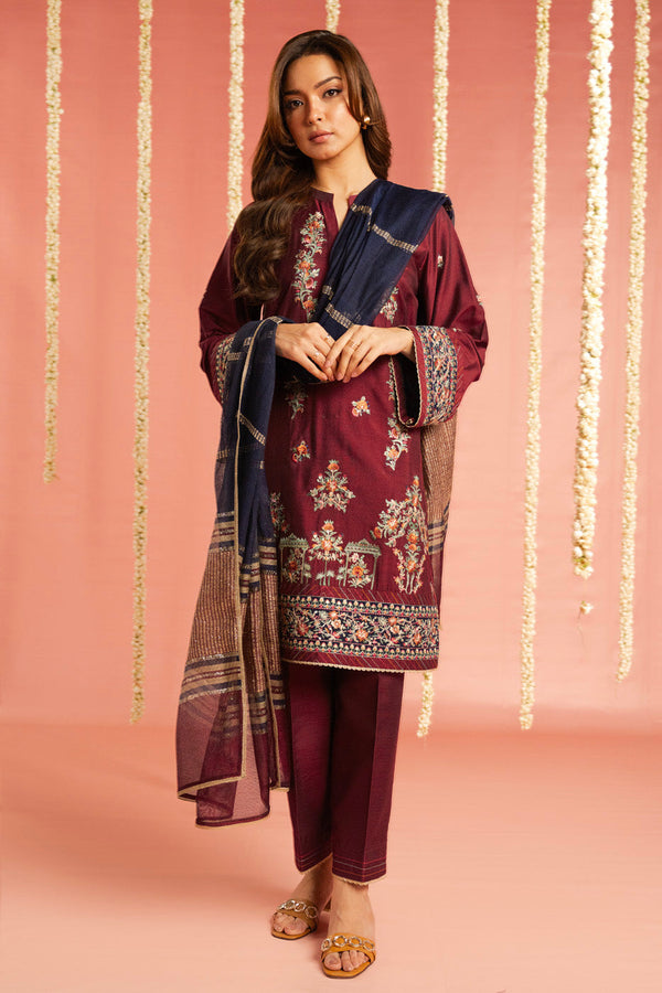 3 Pc Embroidered Indian Silk Suit With Yarn Dyed Dupatta