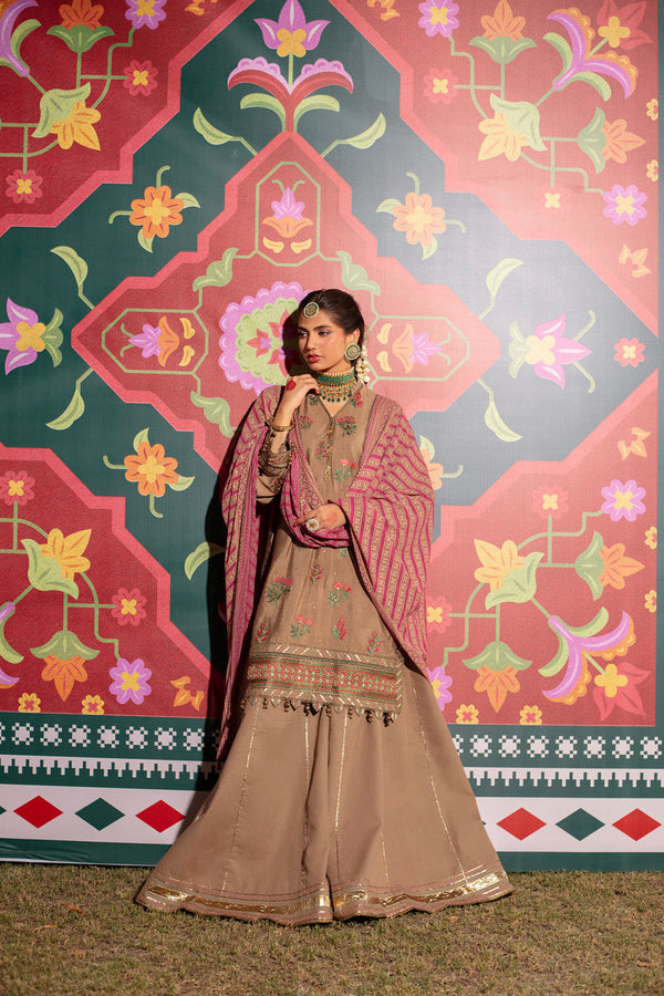 Three Piece Embroidered Zari Line Shirt with Poly Chiffon Dupatta