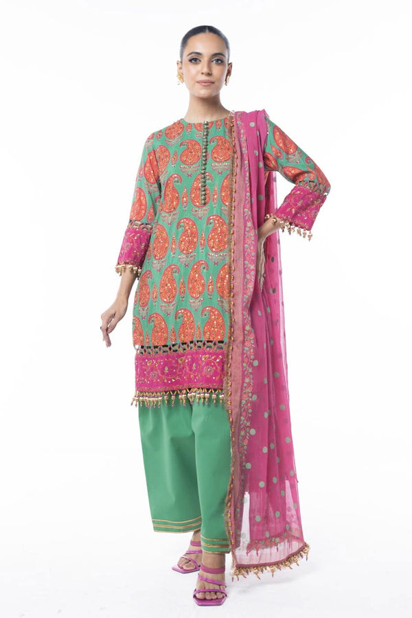 Three Piece Embroidered Cotton Silk Shirt with Poly Chiffon Dupatta