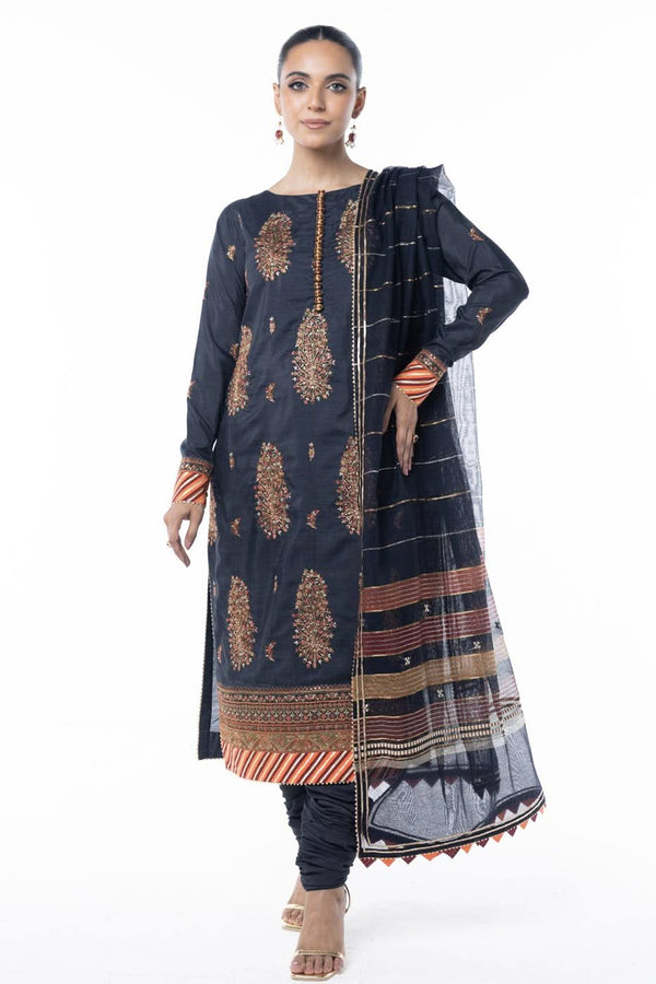 Three Piece Embroidered Raw Silk Slub Shirt with Yarn Dyed Dupatta