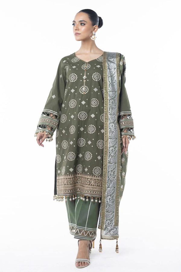 Three Piece Embroidered Thick Cambric Shirt with Block Print Dupatta