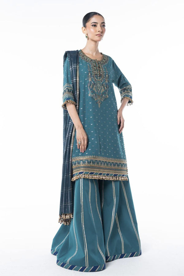 Three Piece Embroidered Jacquard Lurex Shirt with Zari Jacquard Dupatta