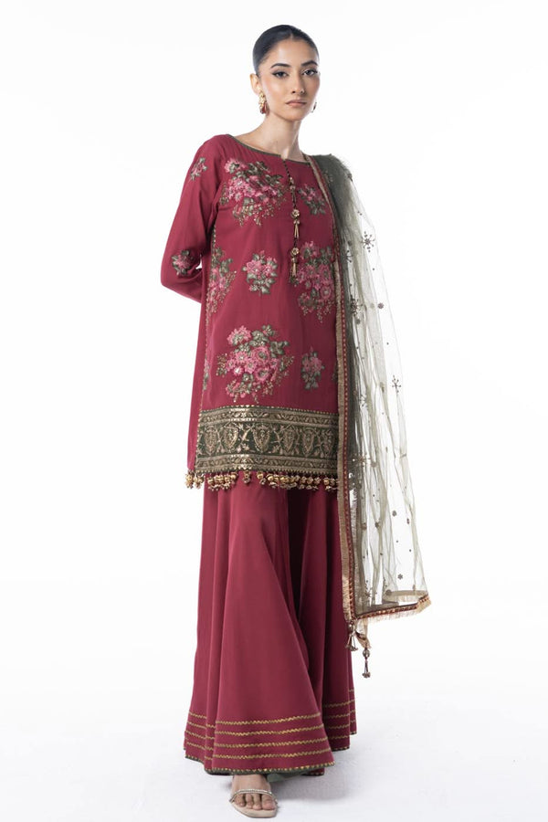 Three Piece Embroidered Cotton Satin Shirt with Dyed Polynet Dupatta