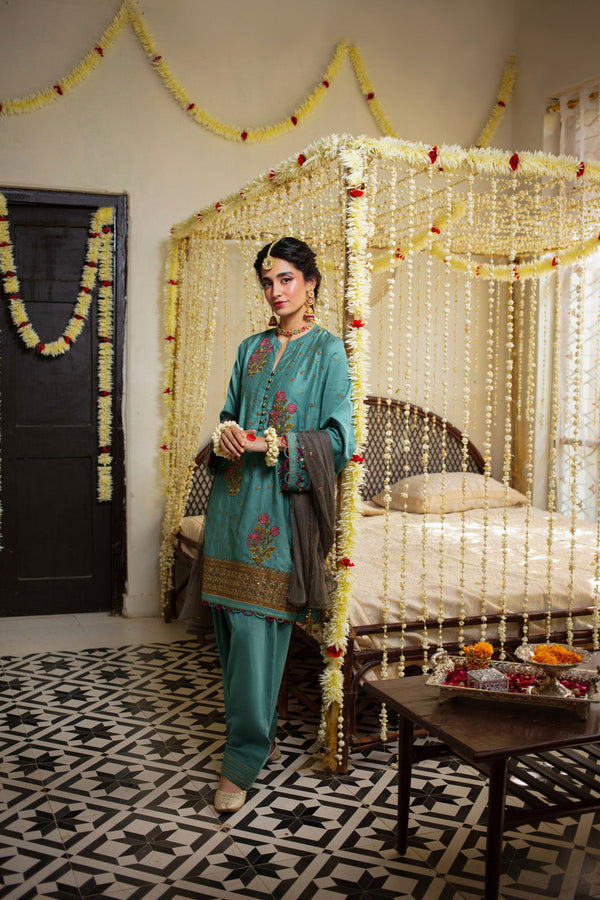 Three Piece Embroidered Cotton Satin Shirt with Dyed Polynet Dupatta