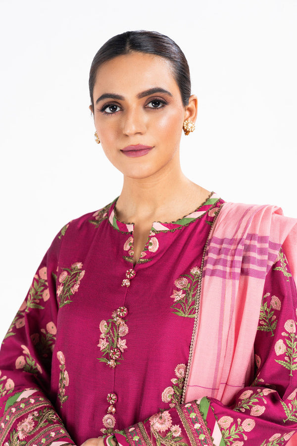 3 Pc Printed Embroidered Indian Silk Shirt With Yarn Dyed Dupatta