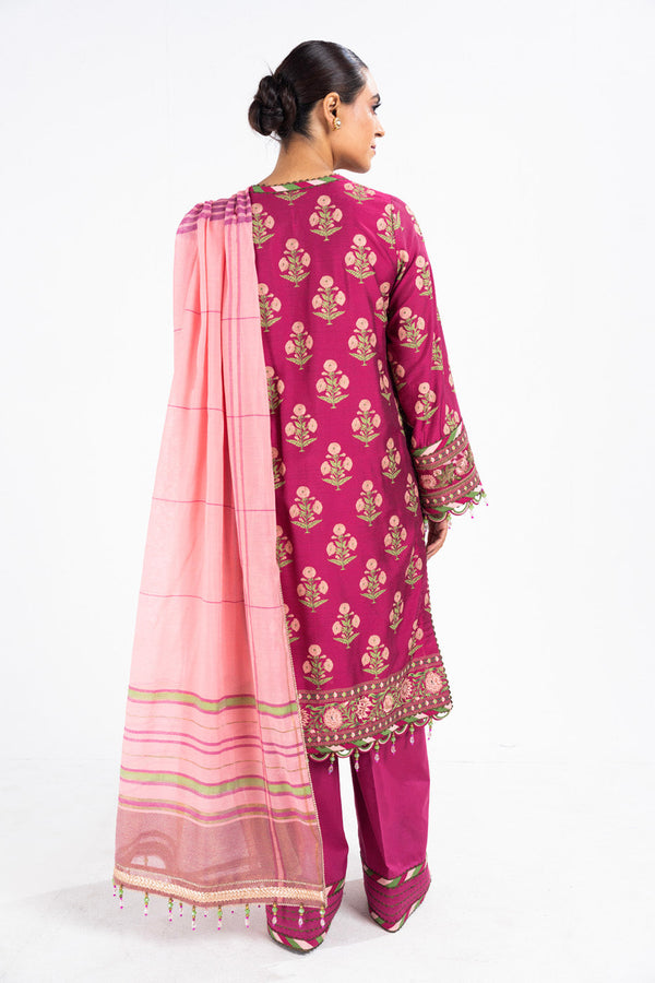 3 Pc Printed Embroidered Indian Silk Shirt With Yarn Dyed Dupatta