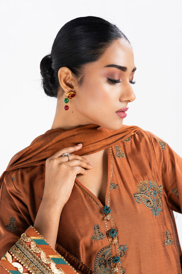 3 Pc  Embroidered Indian Silk Shirt With Yarn Dyed Dupatta