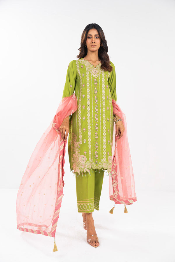 3 Pc Embroidered Cotton Silk Suit With Organza Dupatta