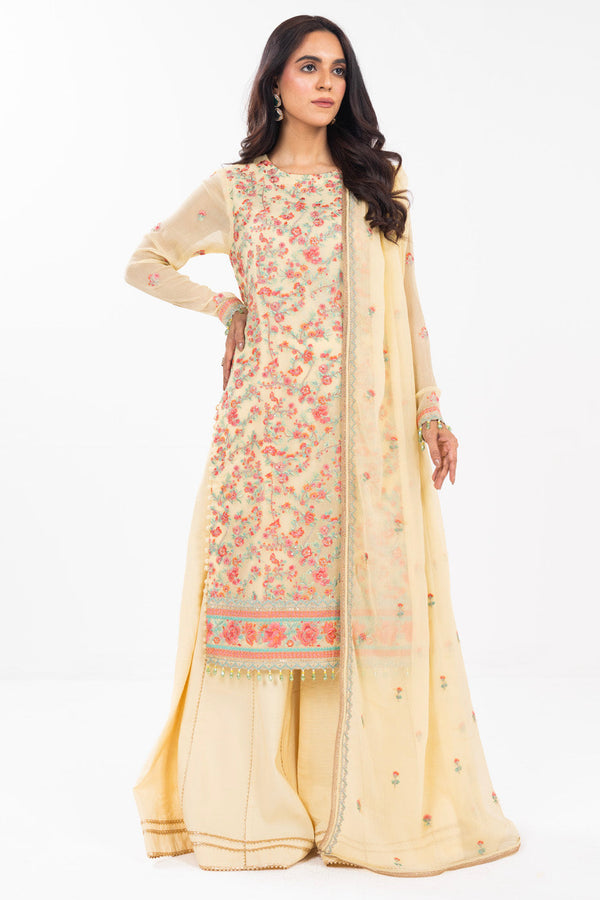 4 Pc Embroidered Chiffon Suit With Chiffon Dupatta