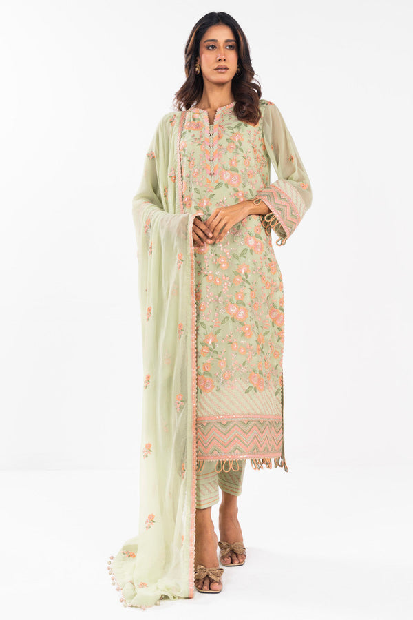 4 Pc Piece Embroidered Chiffon Suit With Chiffon Dupatta