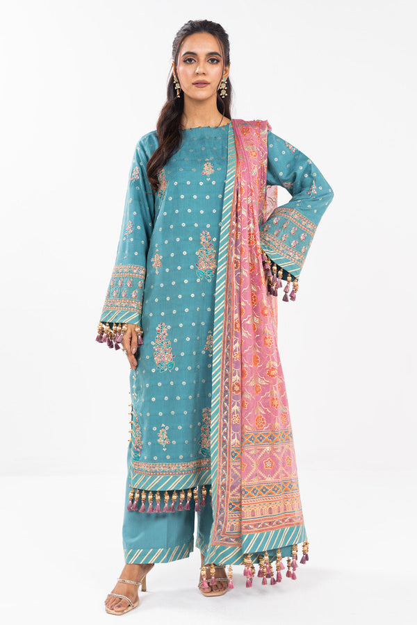 3 Pc Embroidered Viscose Jacquard Suit With Chiffon Dupatta