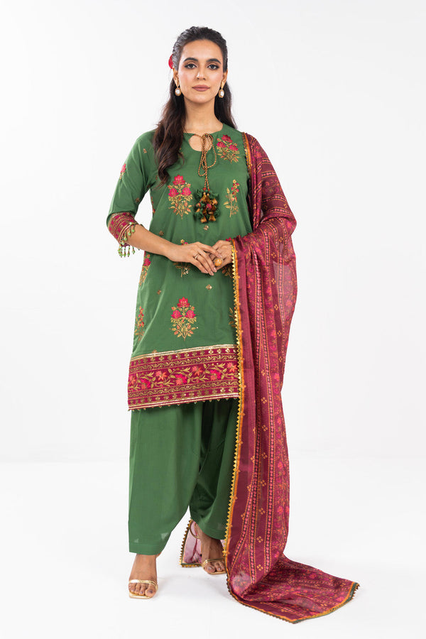 3 Pc Embroidered Lawn Suit With Tissue Silk Dupatta