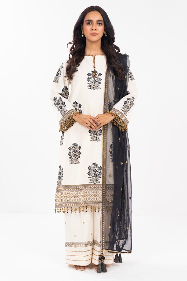 3 Pc Embroidered Cotton Silk Suit With Poly Net Dupatta