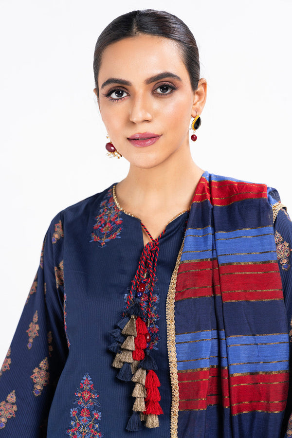 3 Pc Printed Embroidered Doria Shirt With Yarn Dyed Dupatta