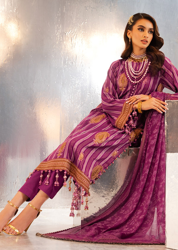 3 Pc Embroidered Yarn dyed with Printed chiffon Dupatta