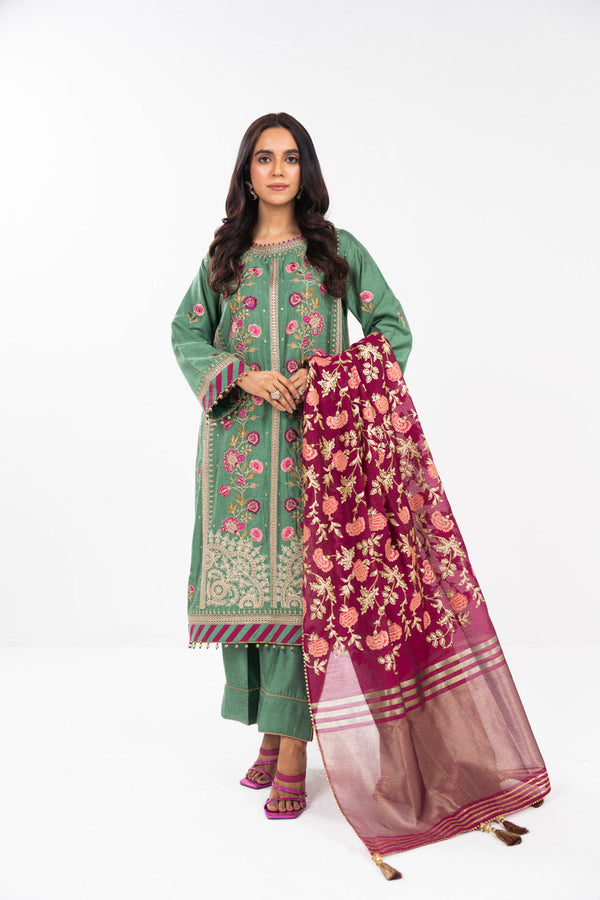 3 Pc Embroidered Silk Suit With Yarn Dyed Dupatta