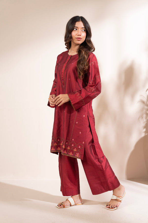 Stitched - 2 Pc Embroidered Cotton Silk Outfit