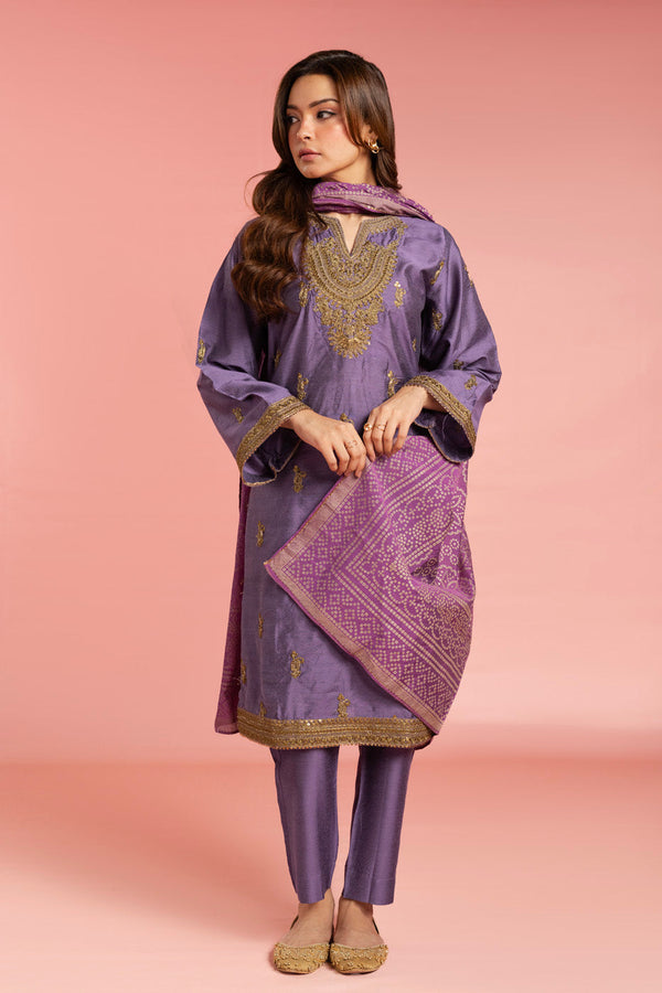 Stitched - 3 Pc Embroidered Indian Silk Outfit