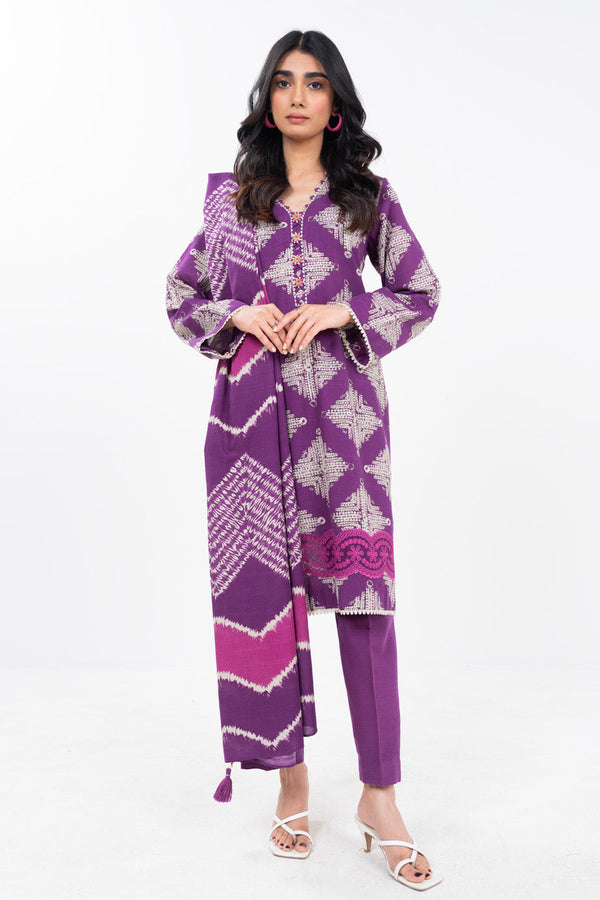 3 Piece Embroidered Printed Khaddar Suit With Light Khaddar Dupatta