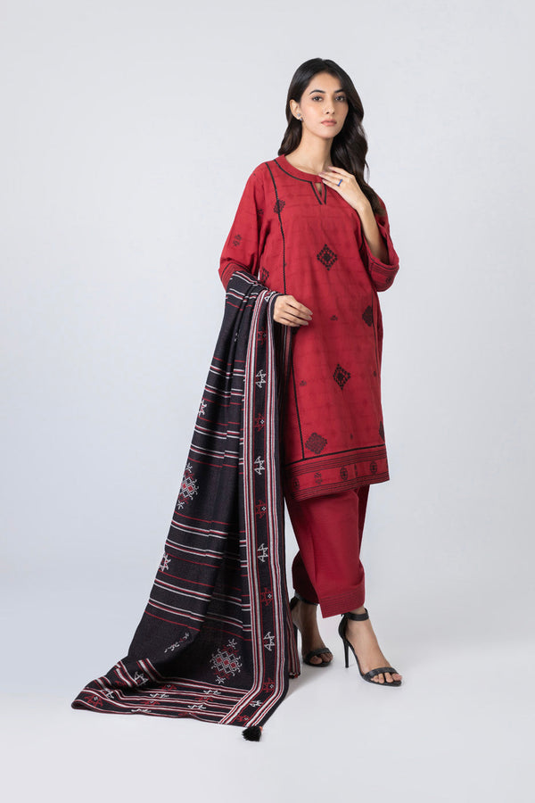 3 Piece Embroidered Self Jacquard Suit With Woven Shawl