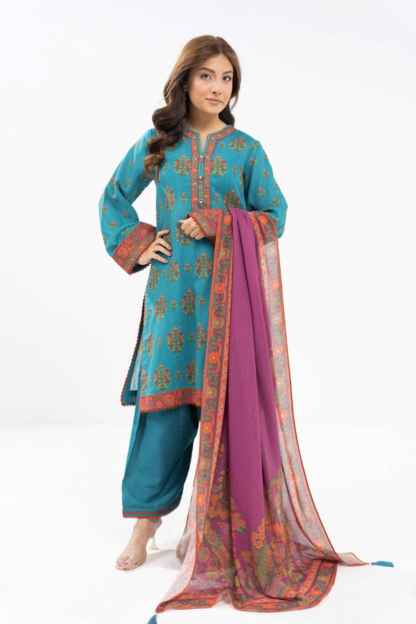 3 Piece Printed Khaddar Suit With Pashmina Dupatta