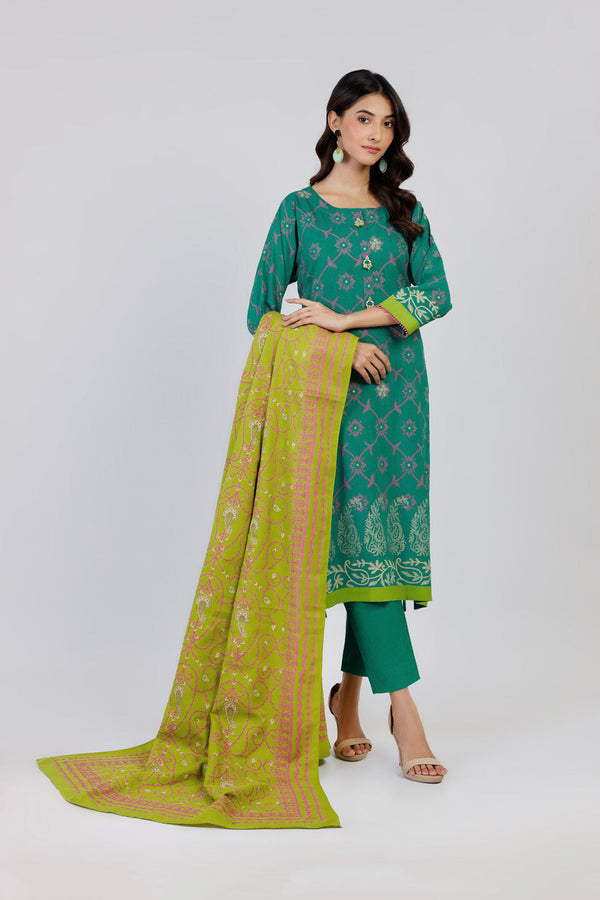 3 Piece Printed Viscose Slub Suit With Silky Line Dupatta