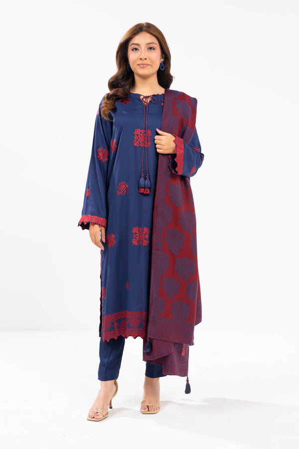 3 Piece Embroidered Viscose Suit With Shawl