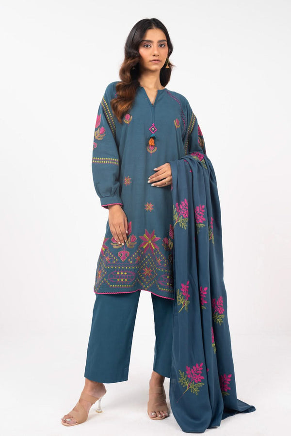 3 Piece Embroidered Khaddar Suit With Shawl