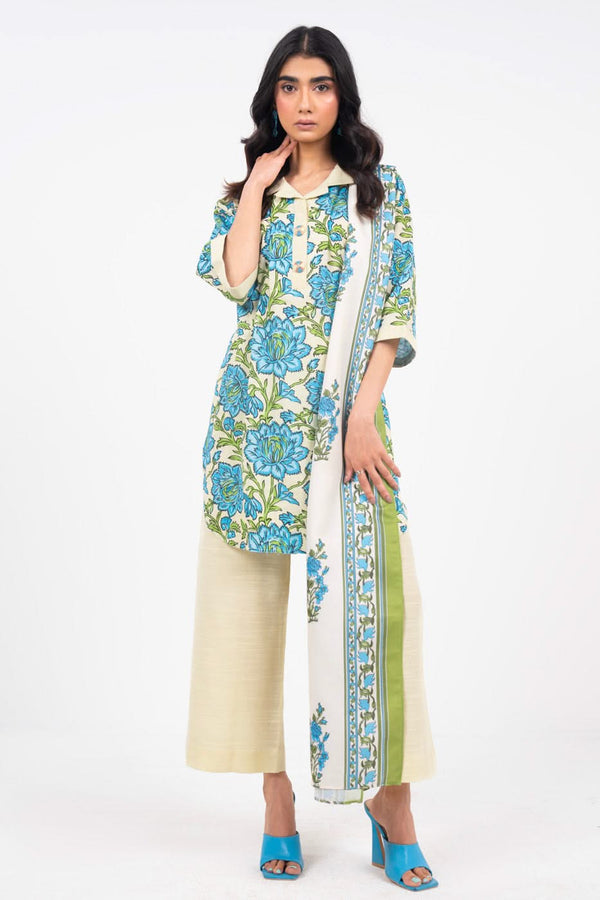 3 Piece Printed Viscose Slub Suit With Silky Line Dupatta