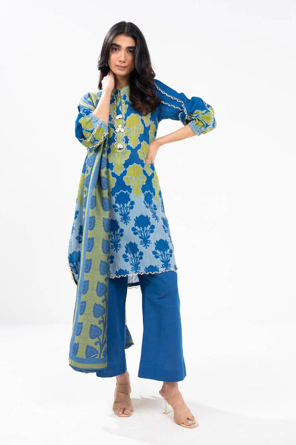 3 Piece Printed Khaddar Suit With Woven Jacquard Shawl