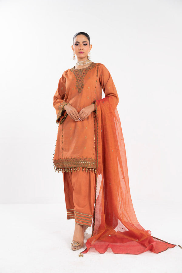 3 Piece Embroidered Yarn Dyed Cotton Silk Jacquard Suit With Zari Net Dupatta