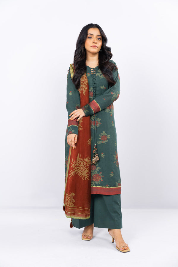 3 Pc Dyed Jacquard Suit With Printed Masoori Dupatta