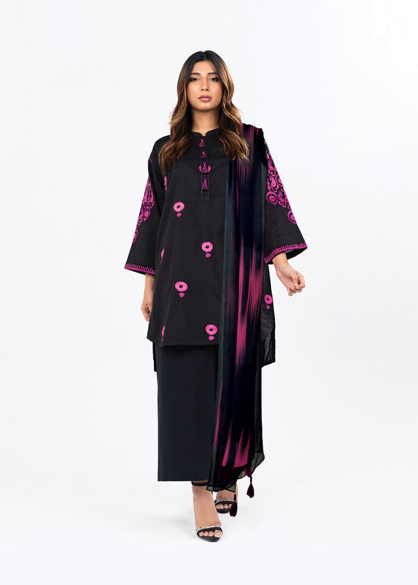 3 Pc Dyed Embroidered Light Cambric Shirt With Printed Chiffon Dupatta