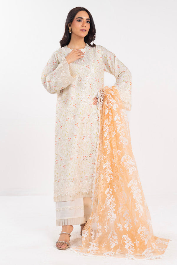 3 Piece Embroidered Lawn Suit With Box Net Dupatta