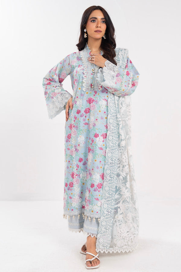 3 Piece Embroidered Lawn Suit With Box Net Dupatta