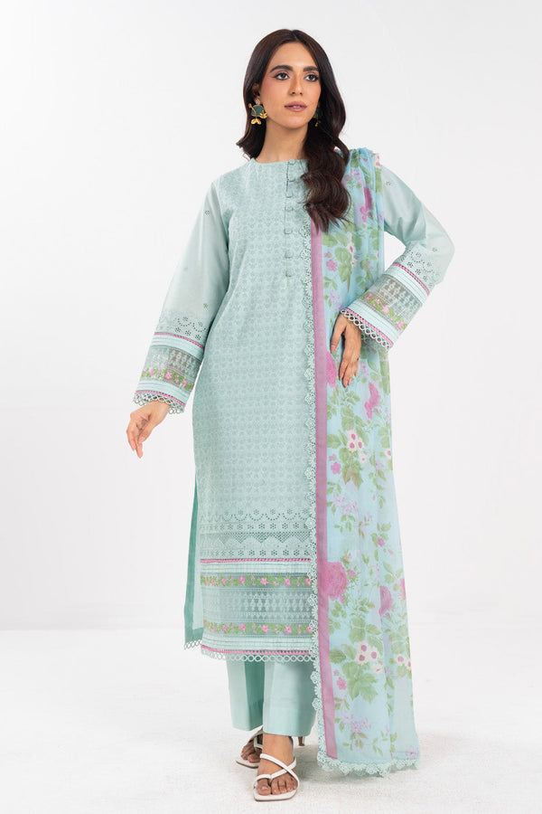 3 Piece Embroidered Lawn Suit With Tissue Silk Dupatta