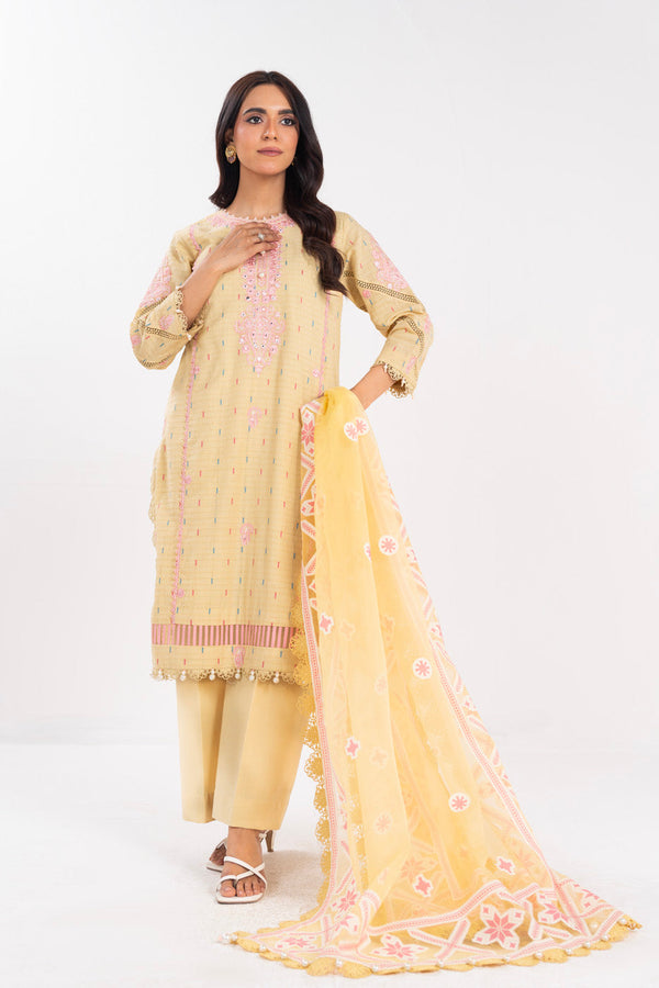 3 Piece Embroidered Jaquard Suit With Burnout Dupatta