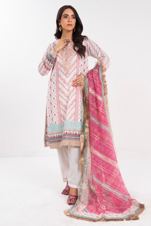 3 Piece Embroidered Lawn Suit With Chiffon Dupatta