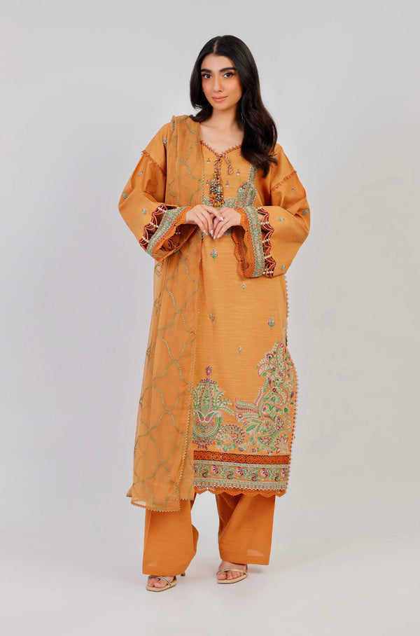 3 Pc Embroidered Khaddar Shirt With Chiffon Dupatta