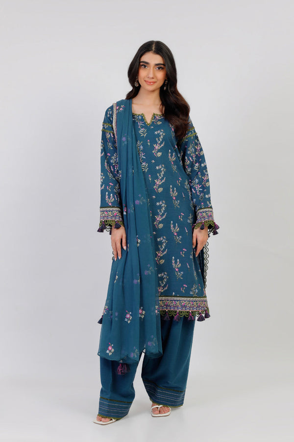 3 Pc Embroidered Khaddar Suit With Chiffon Dupatta